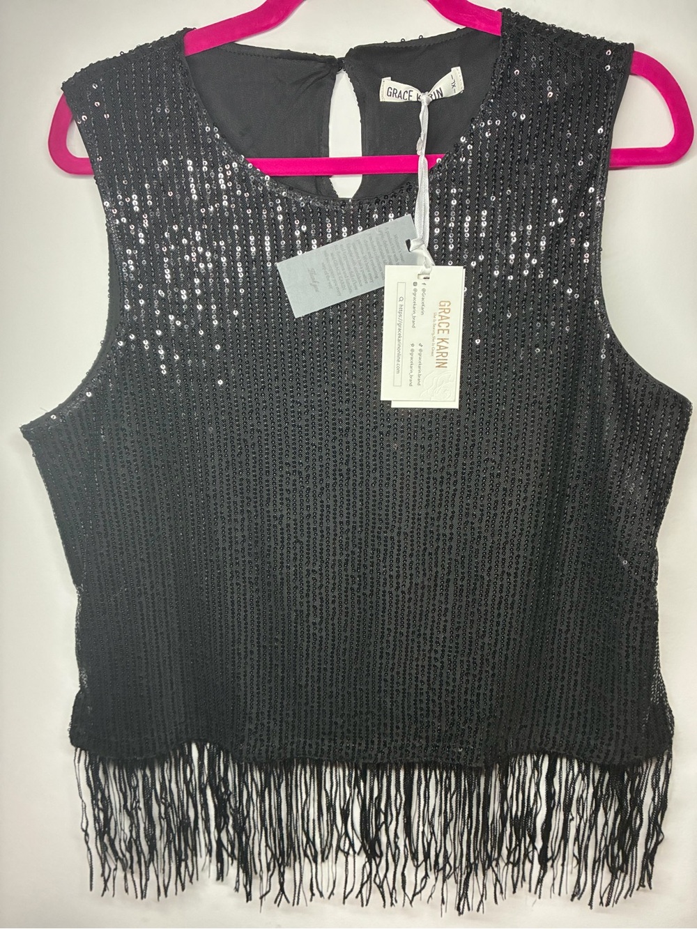 Grace Karin Black Sequin Fringe Crop Top